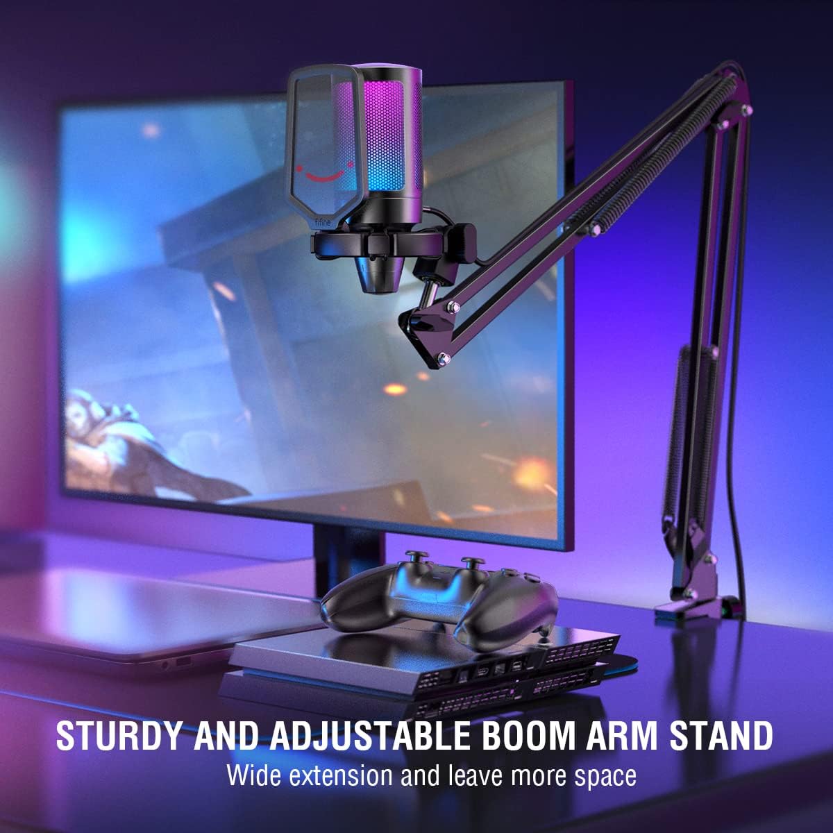 USB Micro Gaming avec Bras pour PC PS4 PS5, Condensateur Microphone pour Streaming Podcast Studio, avec Bouton de Silence, Fixation Antichoc, Support Micro, Filtre Anti-Pop, RGB Microphone avec Bras Noir