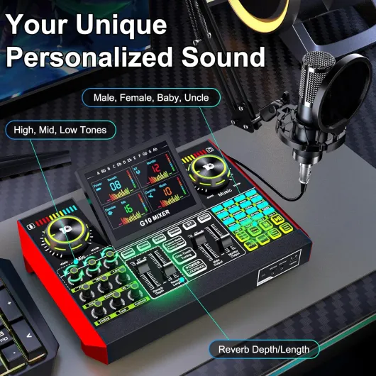 Tenlamp Équipement Podcast avec Table de Mixage Audio et Microphone Condensateur 3.5mm, pour PC et Smartphone, Chant en Direct Live, Création de Contenu Gaming, Soundboard avec Changeur de Voix