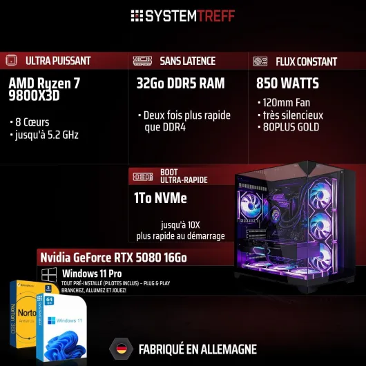 PC Gamer High-End AMD Ryzen 7 9800X3D 8x5.2GHz - Nvidia RTX 5080 16Go - 1To M.2 NVMe - 32Go DDR5 RAM - Windows 11 - Ordinateur de Bureau pour Les Joueurs, Les Gamers & Streamer