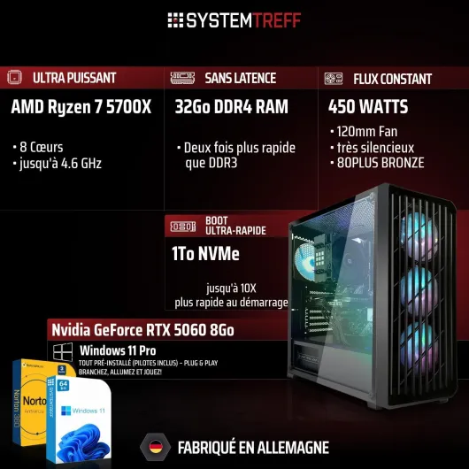 PC Gamer AMD Ryzen 7 5700X 8x4.6GHz - Nvidia RTX 5060 8Go DX12 - 1To M.2 NVMe - 32Go DDR4 RAM - Windows 11 - Ordinateur de Bureau WLAN pour Les Joueurs, Les Gamers & Streamer