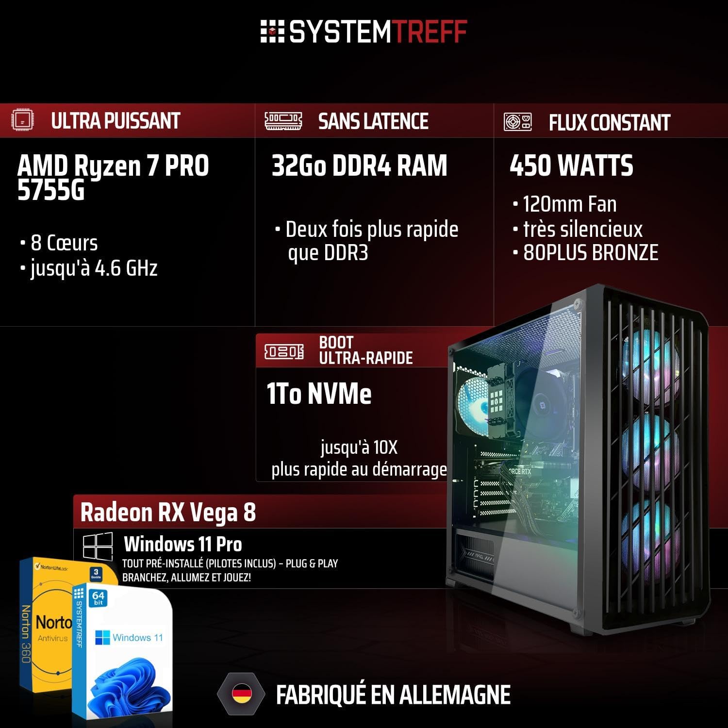 PC Gamer Basique AMD Ryzen 7 Pro 5755G 8x4.6GHz - Radeon RX Vega 8 4K HDMI DX12 - 1To M.2 NVMe - 32Go DDR4 RAM - Windows 11 - Ordinateur de Bureau WLAN pour Les Joueurs, Les Gamers