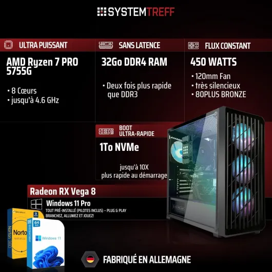 PC Gamer Basique AMD Ryzen 7 Pro 5755G 8x4.6GHz - Radeon RX Vega 8 4K HDMI DX12 - 1To M.2 NVMe - 32Go DDR4 RAM - Windows 11 - Ordinateur de Bureau WLAN pour Les Joueurs, Les Gamers