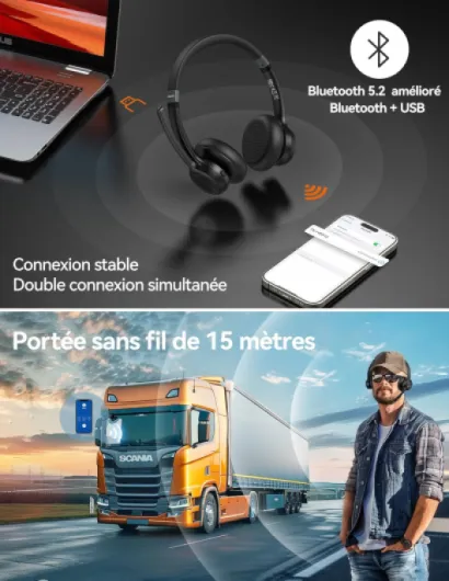 Casque Bluetooth sans Fil avec Micro, Casque sans Fil PC, Casque Ordinateur avec Micro Rechargeable pour Les Chauffeurs de Camion/PC/Teletravail/Visioconférence/Téléphone Portable avec dongle noir