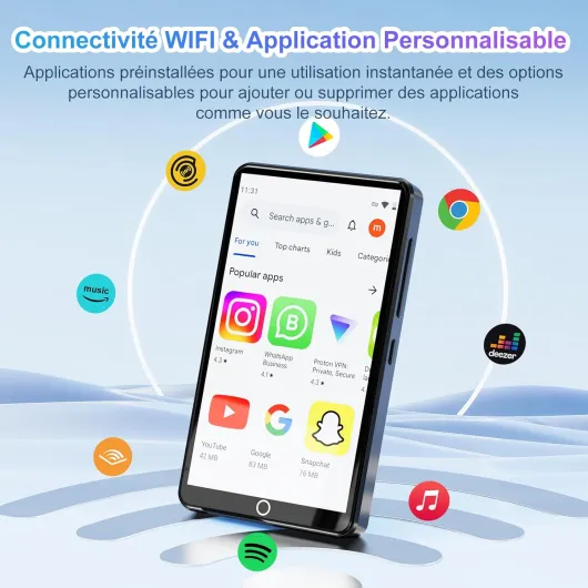 80Go Lecteur MP3 avec Bluetooth et WiFi, MP3 Player avec 13 MP Caméra Arrière, Lecteur de Musique Mp3 et Mp4 ave Spotify, Audible, Deezer, Lecteur Vidéo à écran Tactile 4.02 Pouces 1080P 80.0 Go