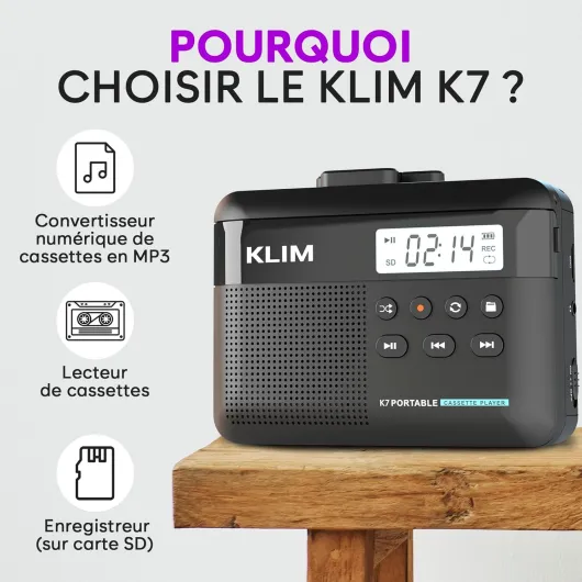 Cassette Player KLIM K7 avec écouteurs F1 - Lecteur Cassette Audio - Convertisseur Audio en MP3 - Microphone et Haut-Parleur intégrés - Batterie Rechargeable - Ecouteurs - Carte SD 16GB - Noir