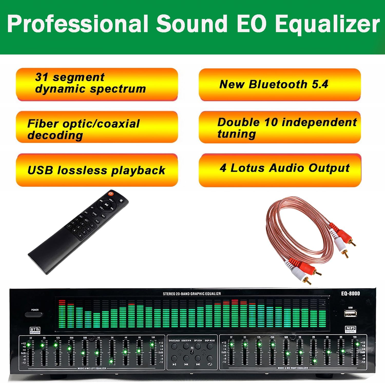 Égaliseur Numérique 31 Bandes, Égaliseur Graphique Stéréo, Analyseur De Spectre Musical, Décodage Audio Numérique Coaxial Optique Bluetooth 5.4, Réduction du Bruit, pour Studio D'enregistrement Green