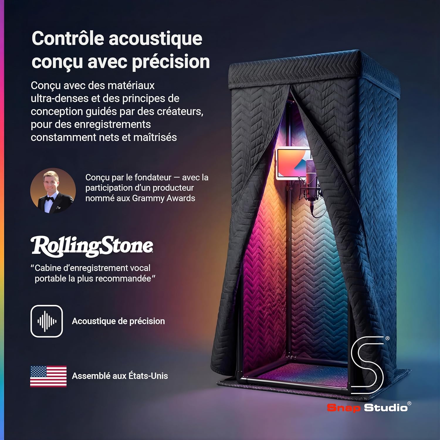 Snap Studio Cabine vocale – Cabine de son de studio n°1 recommandée pour enregistrer des voix sèches et sans écho - Réduction de la réverbération de 80% et isolation à 360 ° – Support à clipser, Noir