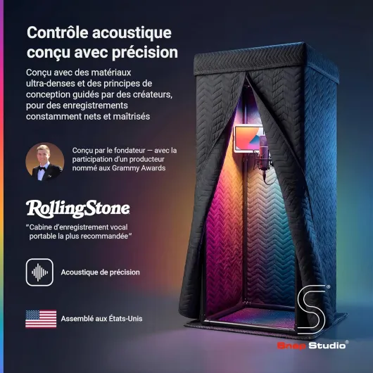 Snap Studio Cabine vocale – Cabine de son de studio n°1 recommandée pour enregistrer des voix sèches et sans écho - Réduction de la réverbération de 80% et isolation à 360 ° – Support à clipser, Noir