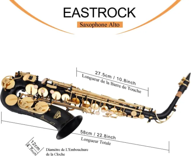 Saxophone Alto Plat en Laiton Laqué Doré, Mi Bémol, Noir, Étui Rigide Inclus