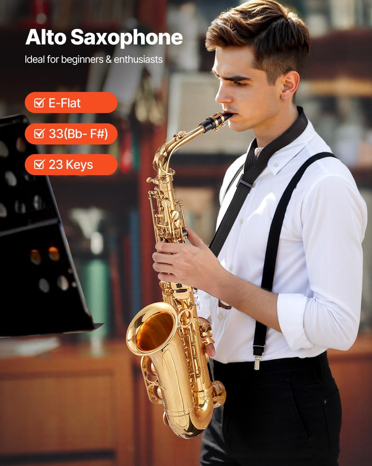 Saxophone Alto Mi Bémol Kit Saxophone Débutants en Laiton Résistant avec Étui de Transport, Bec, Sangles, Chiffon de Nettoyage, Gants, Sangle de Cou, 23 Touches, pour Débutants, Étudiants, Doré Alto Mi Flat