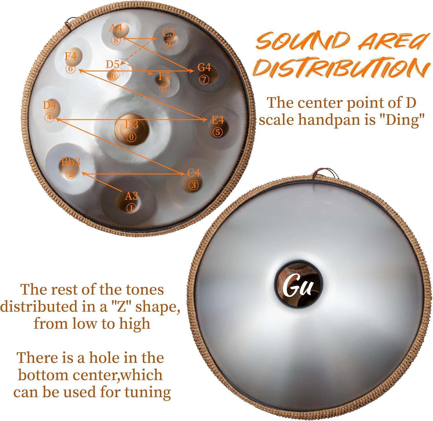 Handpan 440 HZ, Drum Instrument 12 Tons 22 Pouces, Hand Pan Drum D Mineur, Steel-Drum avec Sac de Batterie et Support-Handpan pour la Guérison par le Son, la Méditation, le Yoga, Argent