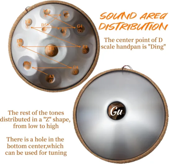 Handpan 440 HZ, Drum Instrument 12 Tons 22 Pouces, Hand Pan Drum D Mineur, Steel-Drum avec Sac de Batterie et Support-Handpan pour la Guérison par le Son, la Méditation, le Yoga, Argent