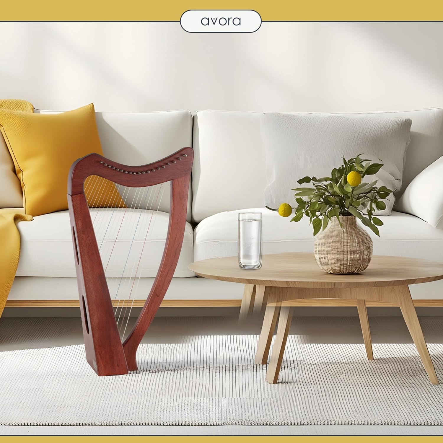 Avora Harpe Celtique 19 cordes en acajou – artisanale, diatonique Mi bémol majeur, avec housse, clés d’accordage, accordeurs fins, mécanisme à crochets, légère et compacte pour usage flexible.