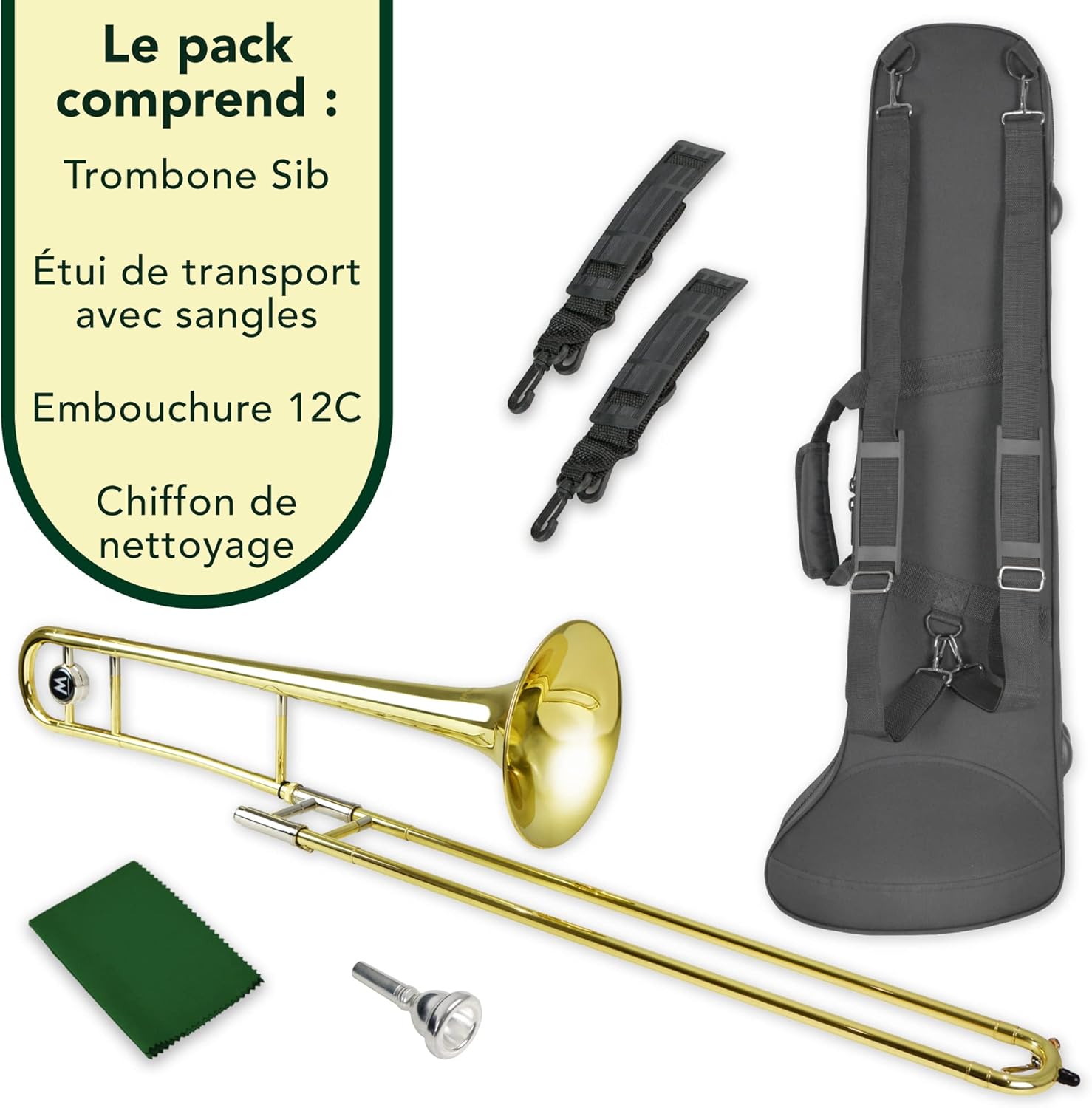Student Sib Trombone pour débutants avec étui de protection léger, Embouchure 12C - Laiton laqué, Pavillon 8 pouces / 20 cm, Si bémol