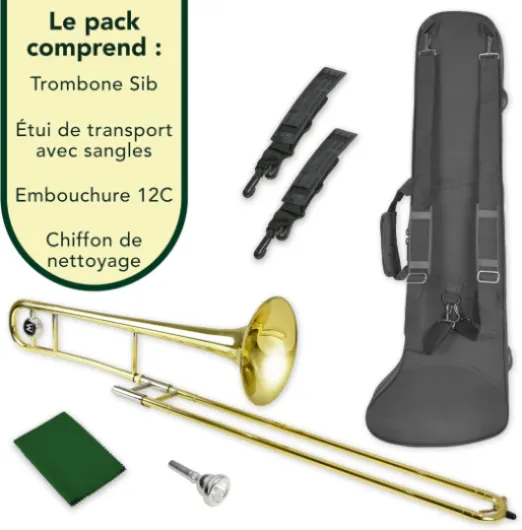 Student Sib Trombone pour débutants avec étui de protection léger, Embouchure 12C - Laiton laqué, Pavillon 8 pouces / 20 cm, Si bémol