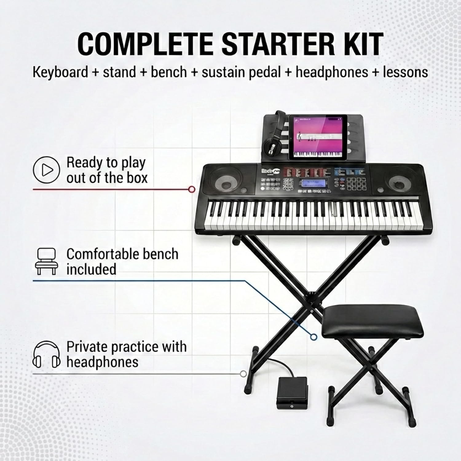 Kit de piano à clavier RockJam 61 touches avec banc, tabouret, pédale de sustain, casque et cours RJ761