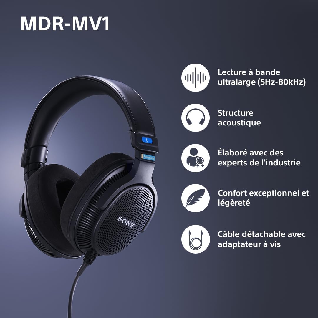 MDR-MV1, Casque Studio de Type Ouvert, câblé pour Le mixage et Le Mastering, Son Neutre et précis Entre 5Hz et 80kHz, Son Spatial et stéréo, câble détachable à Visser, Confort supérieur, Noir