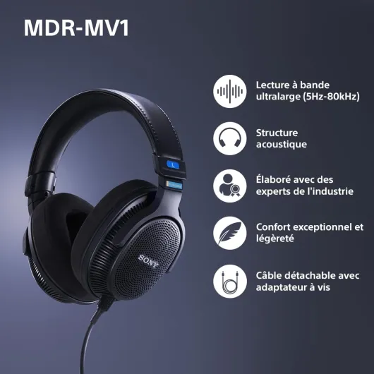 MDR-MV1, Casque Studio de Type Ouvert, câblé pour Le mixage et Le Mastering, Son Neutre et précis Entre 5Hz et 80kHz, Son Spatial et stéréo, câble détachable à Visser, Confort supérieur, Noir