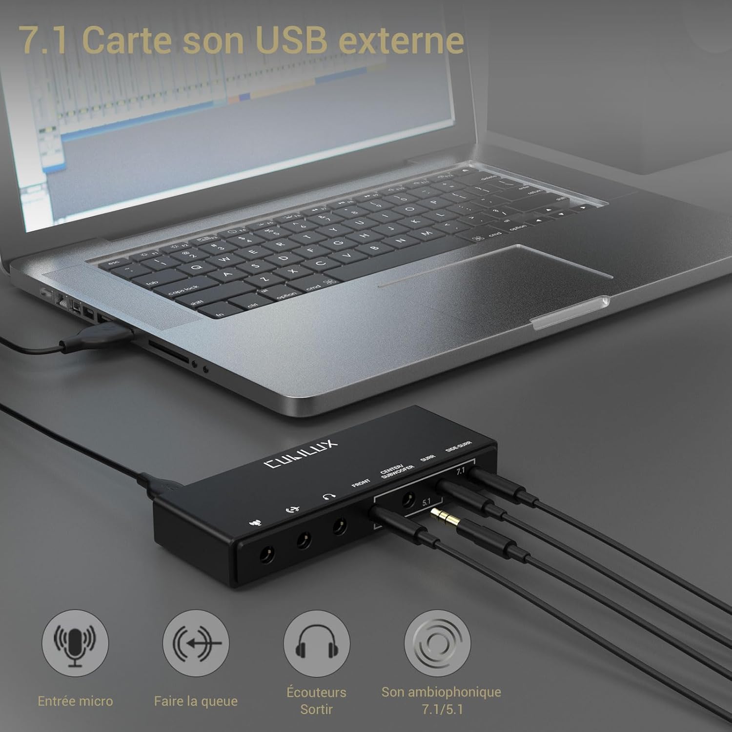 Cubilux Carte Son Externe USB 7.1, Carte Audio Surround avec Boîtier Aluminium, 48KHz à 384KHz pour Casque, PC Portable, Entrée Ligne et Micro Stéréo Compatible