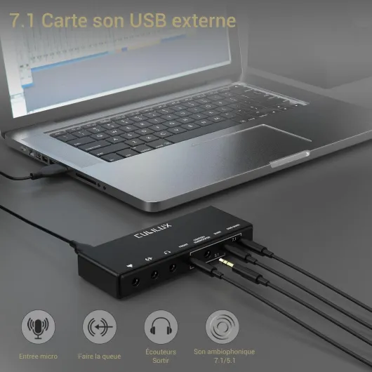 Cubilux Carte Son Externe USB 7.1, Carte Audio Surround avec Boîtier Aluminium, 48KHz à 384KHz pour Casque, PC Portable, Entrée Ligne et Micro Stéréo Compatible
