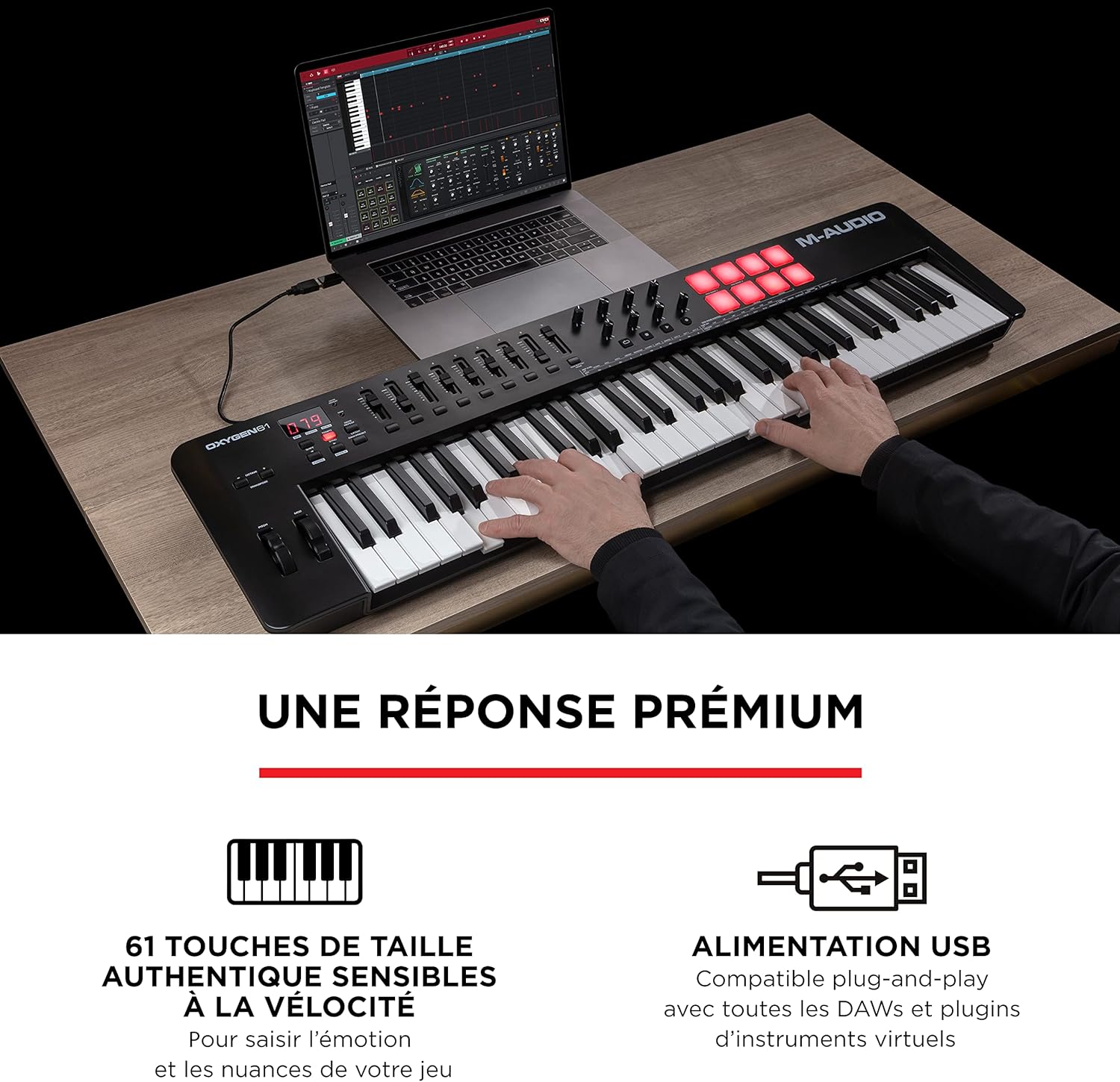 M-AUDIO Oxygen 61 (MKV) - Clavier maître 61 touches MIDI USB avec pads de rythme, modes Smart Chord et Scale, arpégiateur et pack de sons Native Instruments (intégration NKS) 61 Touches - Noir Unique