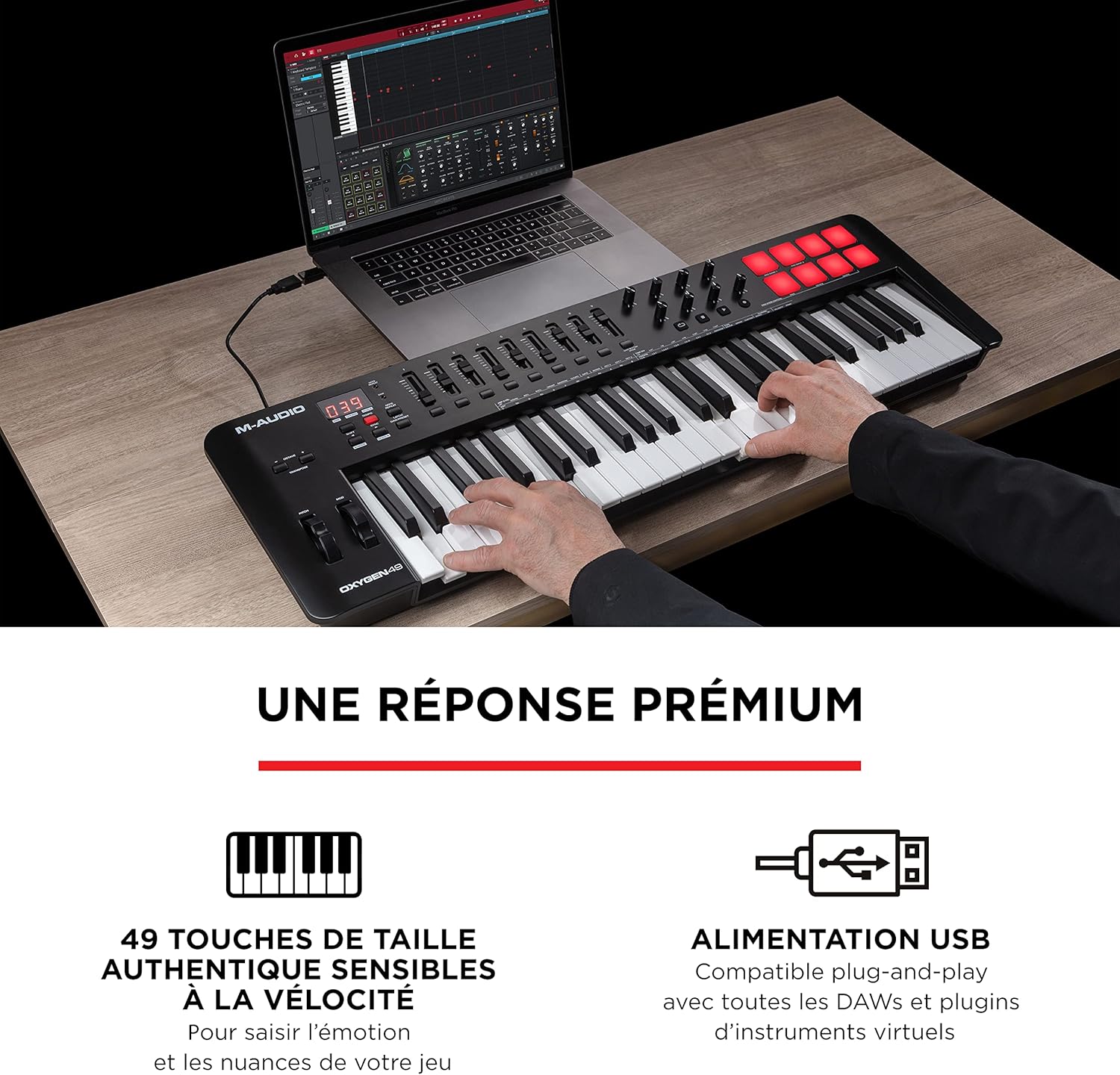 M-AUDIO Oxygen 49 (MKV) - Clavier maître 49 touches MIDI USB avec pads de rythme, modes Smart Chord et Scale, arpégiateur et pack de sons Native Instruments (intégration NKS) 49 Touches - Noir Unique