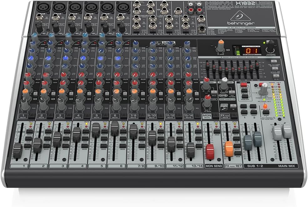X1832 USB Table de Mixage Haut de Gamme 18-Entrées 3/2-Bus avec Préamplis et Compresseurs de Micros Xenyx, Eq Britannique, Processeur Multi-Effets 24-Bit et Interface USB/Audio 18 XENYX X1832USB Unique