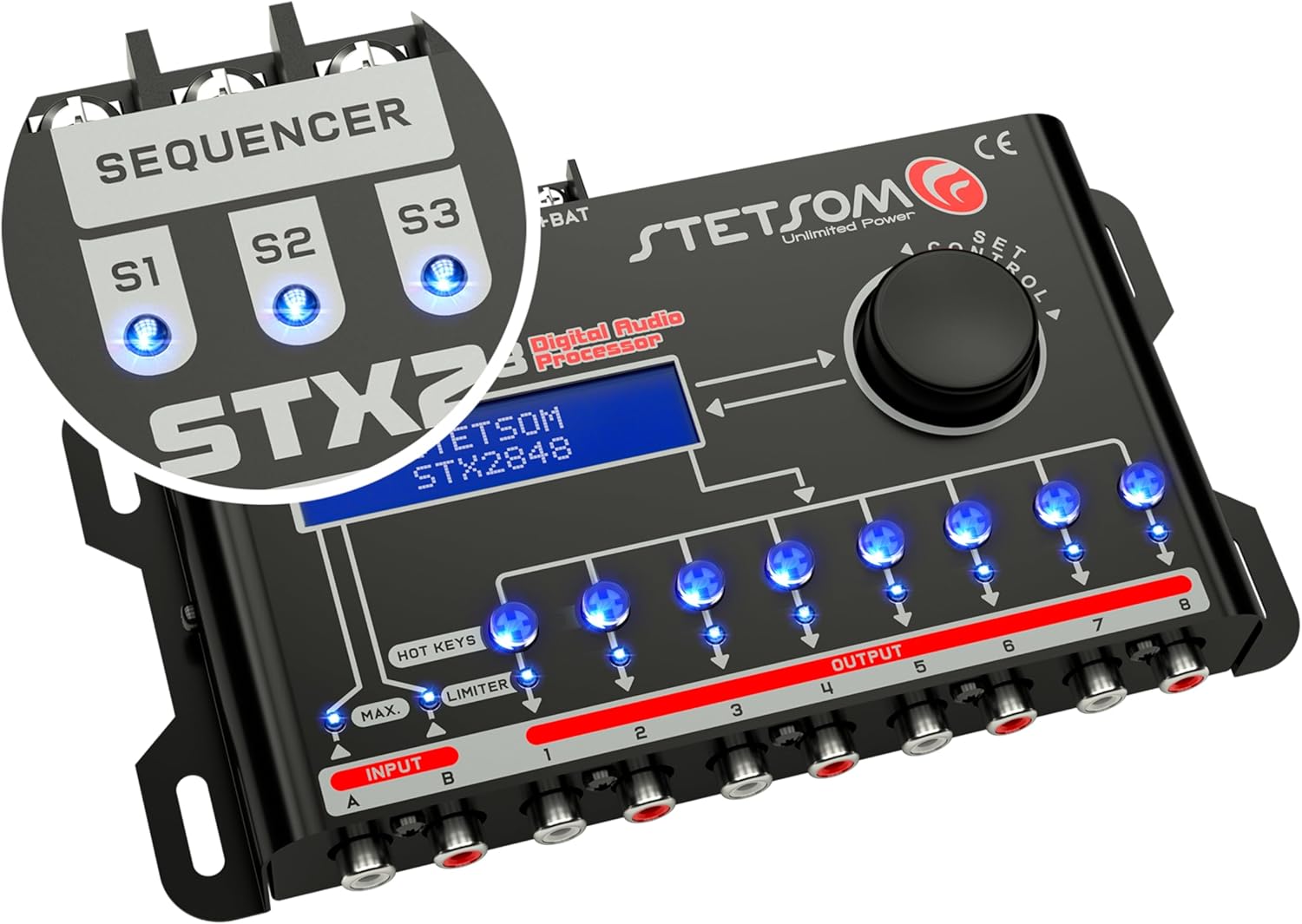 Stetsom STX 2848 DSP Crossover & Égaliseur 8 canaux Full Digital Signal Processeur (Séquenceur) Relais à Distance 2.8