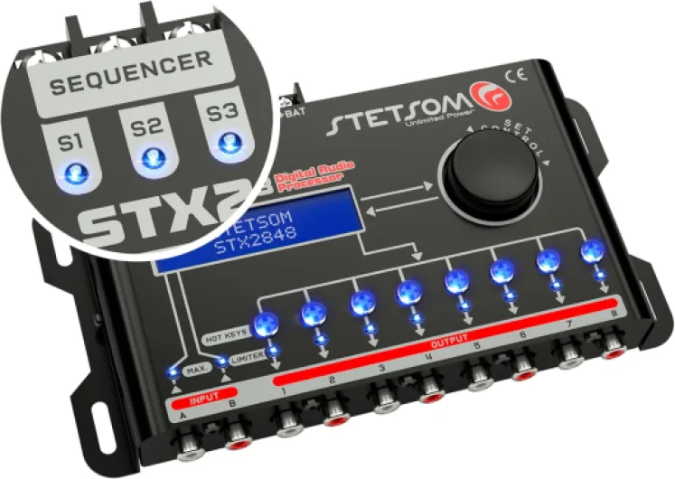 Stetsom STX 2848 DSP Crossover & Égaliseur 8 canaux Full Digital Signal Processeur (Séquenceur) Relais à Distance 2.8