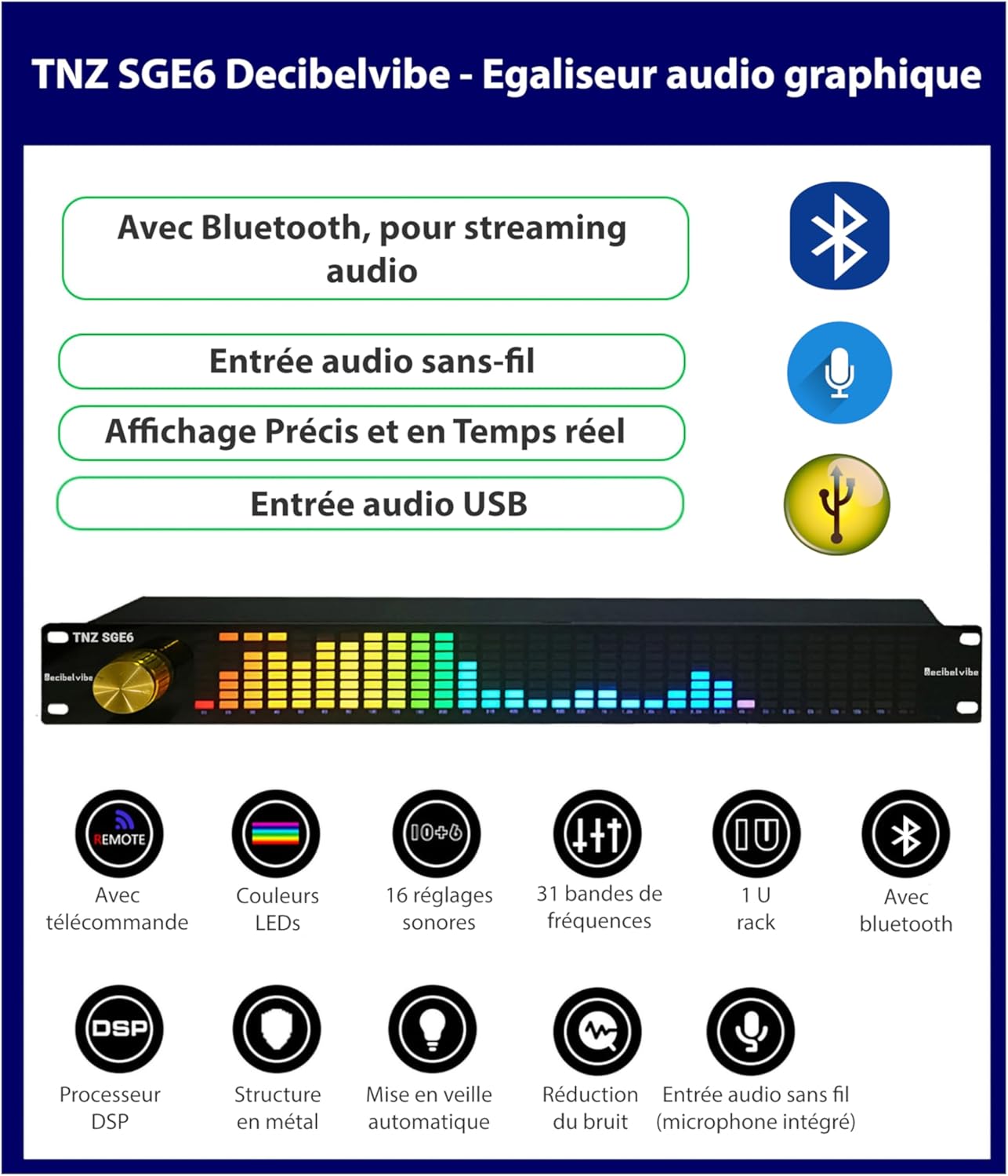 TNZ SGE6 - Égaliseur Graphique Audio avec Entrée/Sortie RCA-Jack 3.5, entrée sans Fil Via Un Microphone intégré, entrée USB et Bluetooth, préampli Audio pour Systèmes Audio-Vidéo (Or) Noir-Or