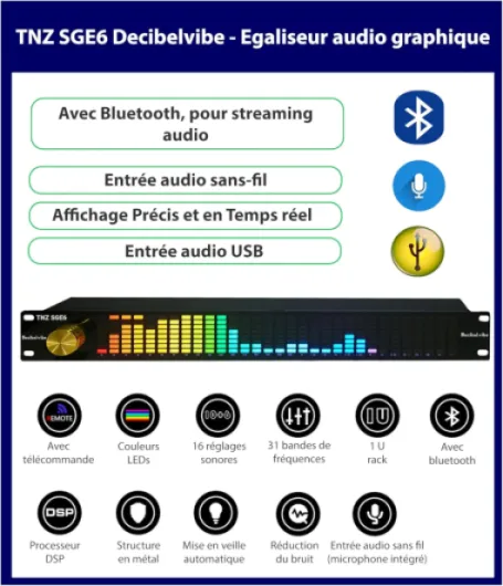 TNZ SGE6 - Égaliseur Graphique Audio avec Entrée/Sortie RCA-Jack 3.5, entrée sans Fil Via Un Microphone intégré, entrée USB et Bluetooth, préampli Audio pour Systèmes Audio-Vidéo (Or) Noir-Or
