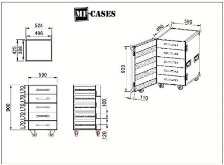 Caisse de transport à 5 tiroirs Flightcase Rack Flightcase Rack Messe BBQ Artisanat