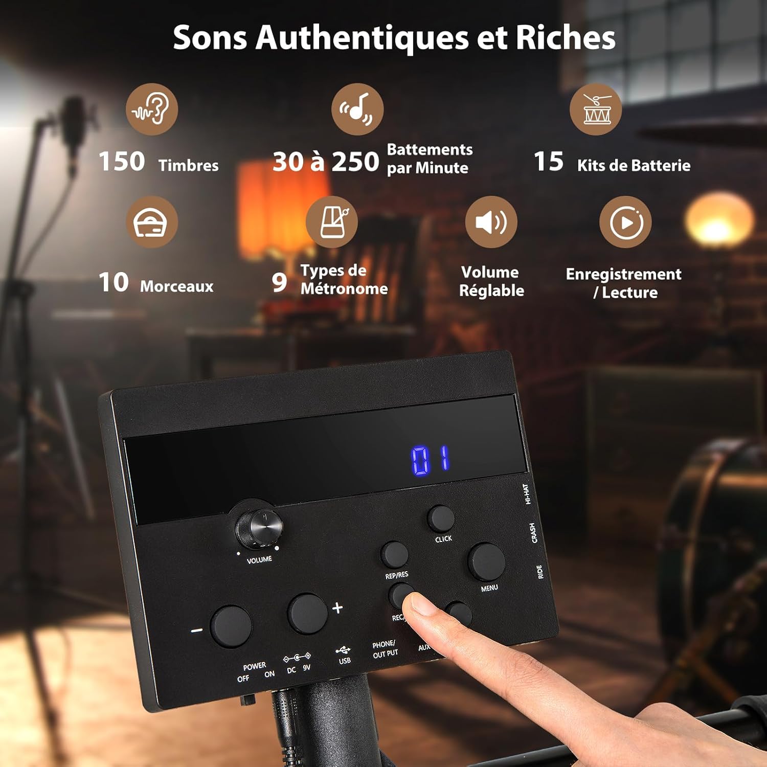 Kit de Batterie Électronique avec Pads en Maille, Cymbales, 150 Sons, 10 Démos, Batterie Électronique Pliable avec Tabouret Réglable, Pédales, Baguettes, Casque, USB MIDI pour Débutants