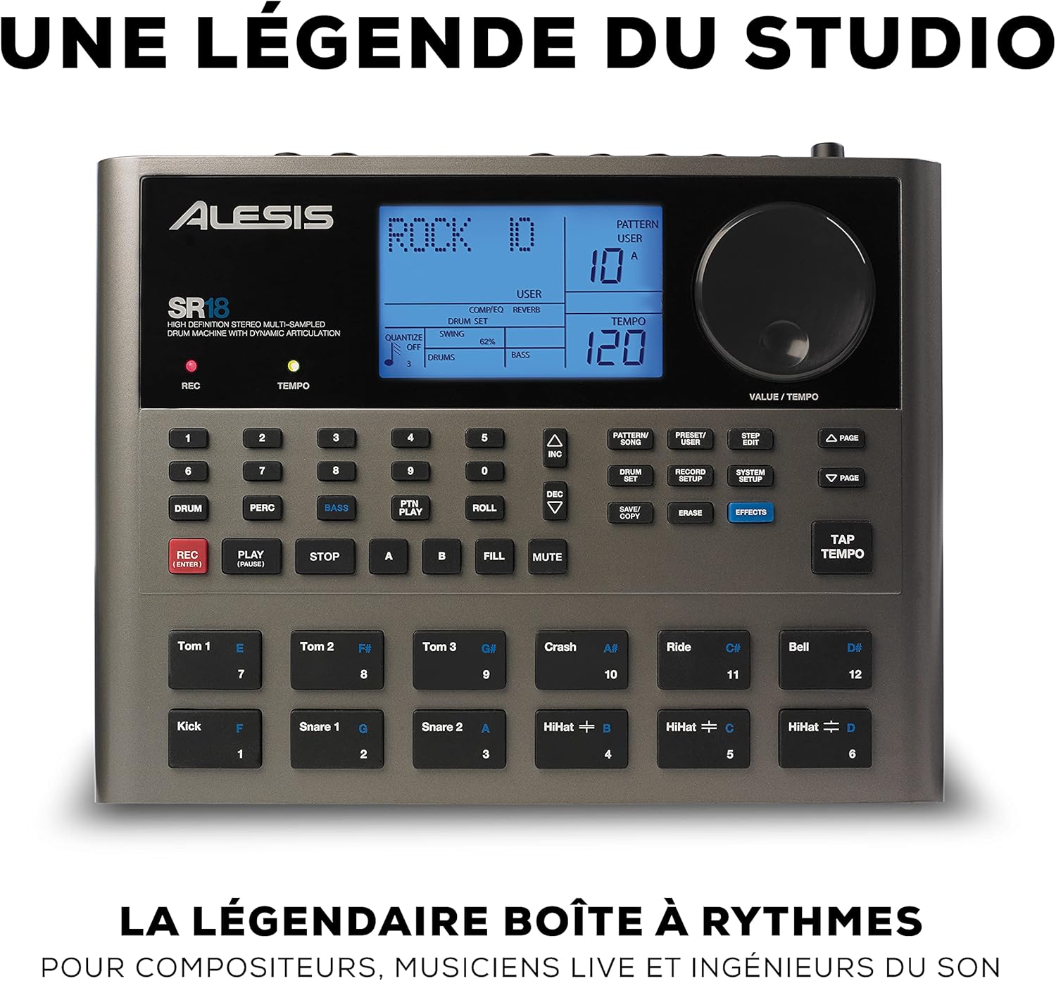 SR-18 - Boîte à Rythmes de Qualité Studio Professionnelle avec 12 Pads, Ecran LED, Banque de +500 Sons de Batterie et Percussion, Connectivité Complète et Effets/Processeurs Intégrés Gris