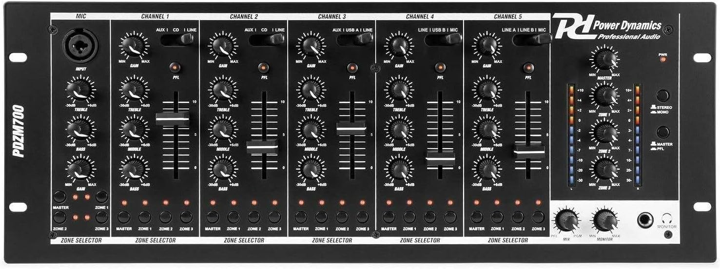 Power Dynamics PDZM700 - Table de Mixage USB 4 Zones 5 Canaux, Égaliseur 3 Bandes, Nombreuses Fonctionnalités, USB/SD et MP3