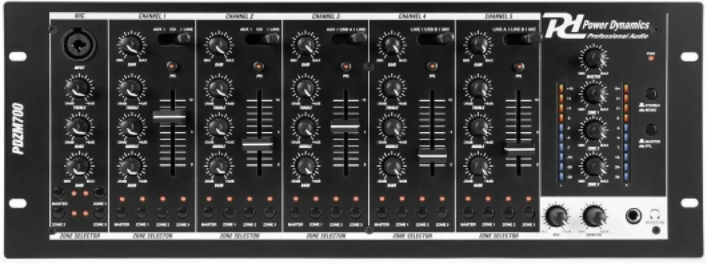 Power Dynamics PDZM700 - Table de Mixage USB 4 Zones 5 Canaux, Égaliseur 3 Bandes, Nombreuses Fonctionnalités, USB/SD et MP3
