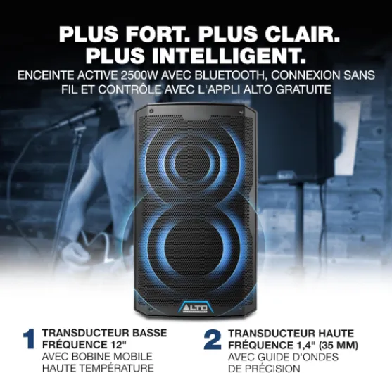 TS412 Enceinte Active Bluetooth 12" de 2500W avec Mixeur 3 Canaux, Connexion sans Fil, DSP et Appli ALTO 2500W - 12" 2500W - 12"