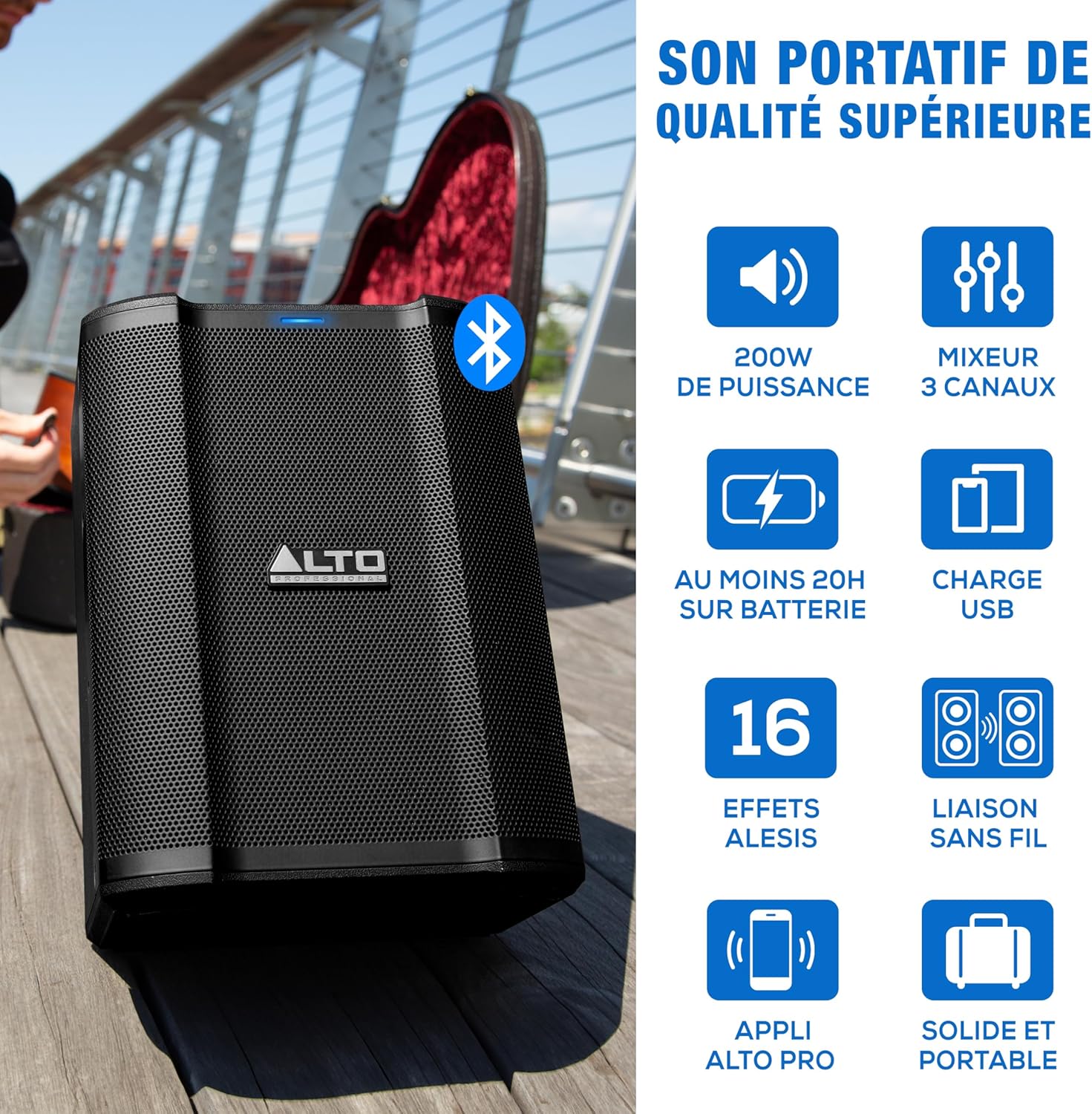 Busker Enceinte amplifiée Portable 200W avec Batterie Rechargeable, Bluetooth, mixeur 3 canaux, Alesis FX, contrôle appli, Chargement USB 200W - 20+ heures d'autonomie