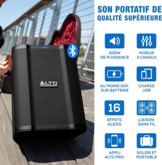 Busker Enceinte amplifiée Portable 200W avec Batterie Rechargeable, Bluetooth, mixeur 3 canaux, Alesis FX, contrôle appli, Chargement USB 200W - 20+ heures d'autonomie