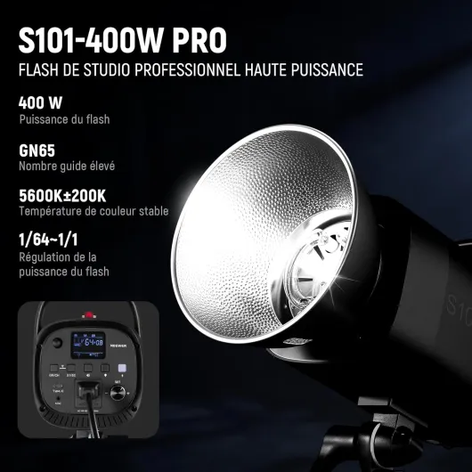 S101-400W Pro Lampe Flash Stroboscopique avec Déclencheur 2,4G Lampe de Modélisation 150W 400Ws GN65 5600K Réflecteur à Monture Bowens Mode S1/S2 Ventilateur Silencieux Compatible avec QPRO