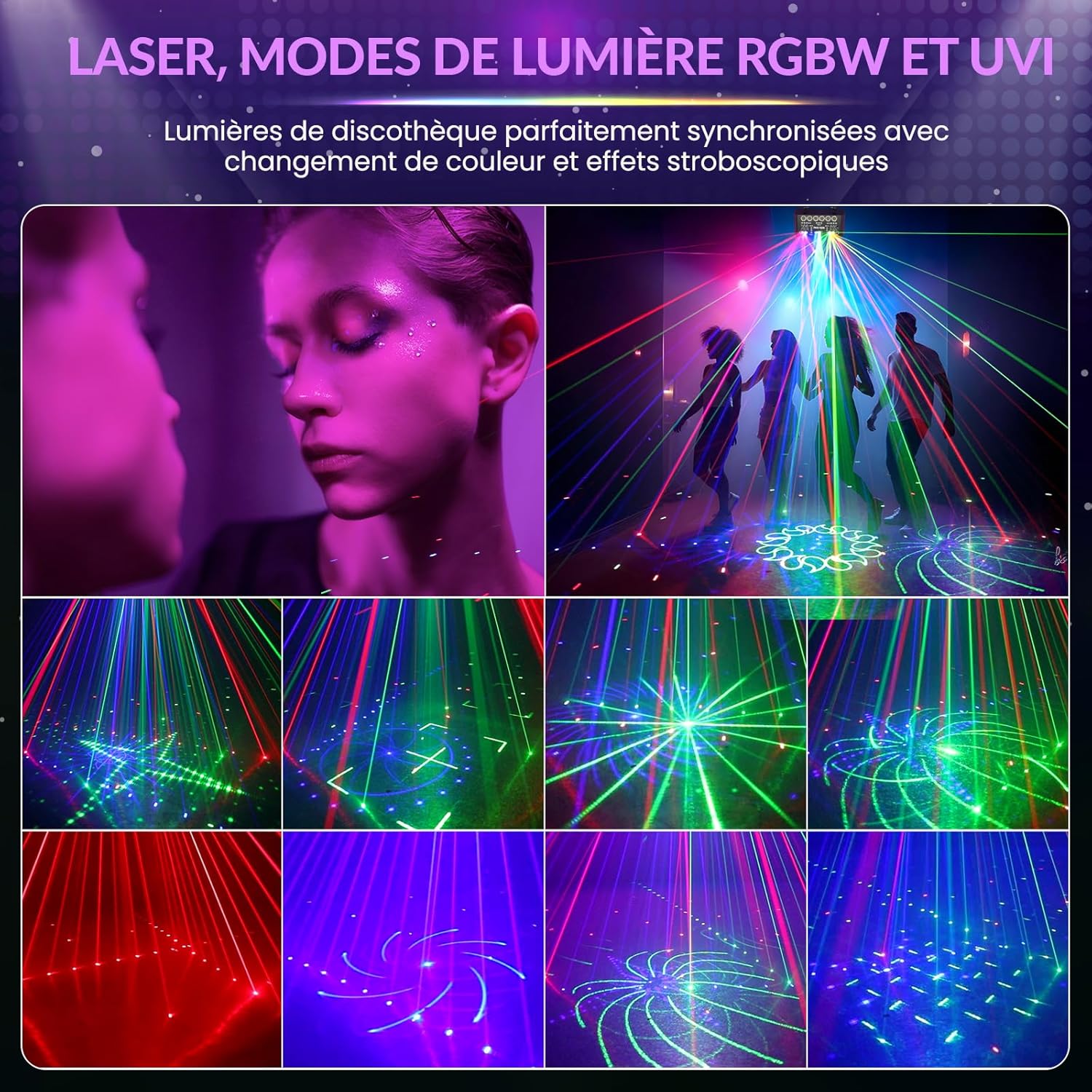Jeux de Lumière DJ Professionnel RGB avec Effets Stroboscopiques et Laser, Télécommande IR, Éclairage de Scène pour Soirée, Fête, Anniversaire, Bar, DJ, DMX 512, Lumière Disco, Laser DJ
