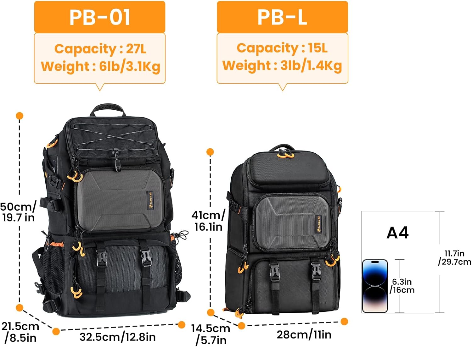 Grand Sac Photo 27L- Professionnel Sac à Dos pour Appareil Photo avec Compartiment Ordinateur Portable 15,6" et Housse Imperméable - Pour Photographe, Randonnée et Voyage (PB-01) PB01 (27L)
