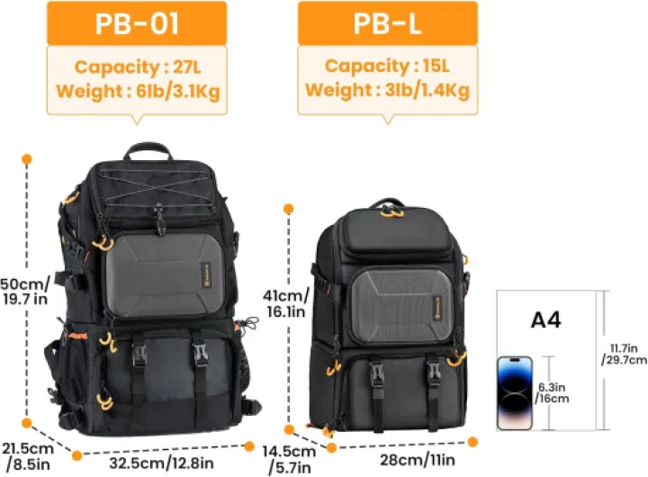 Grand Sac Photo 27L- Professionnel Sac à Dos pour Appareil Photo avec Compartiment Ordinateur Portable 15,6" et Housse Imperméable - Pour Photographe, Randonnée et Voyage (PB-01) PB01 (27L)
