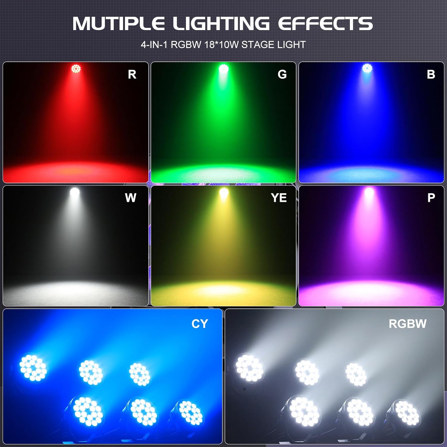 180 W Projecteur LED Par RGBW, 8 Piece éclairage de scène en aluminium moulé avec DMX512, commande vocale, pour les fêtes, mariages, bars et Noël Par LED Set (8 Piece) 8