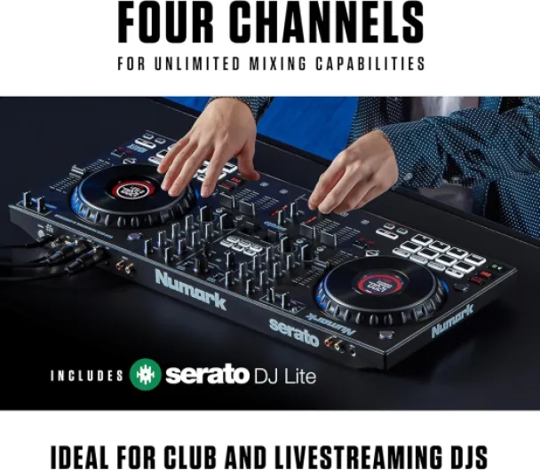 NS4FX Contrôleur DJ 4 Canaux, Platines DJ Tactiles avec Écran, Pads et Effets Sonores, Sorties Cabine et Principale, Serato DJ Lite Inclus Unique NS4FX - Gris