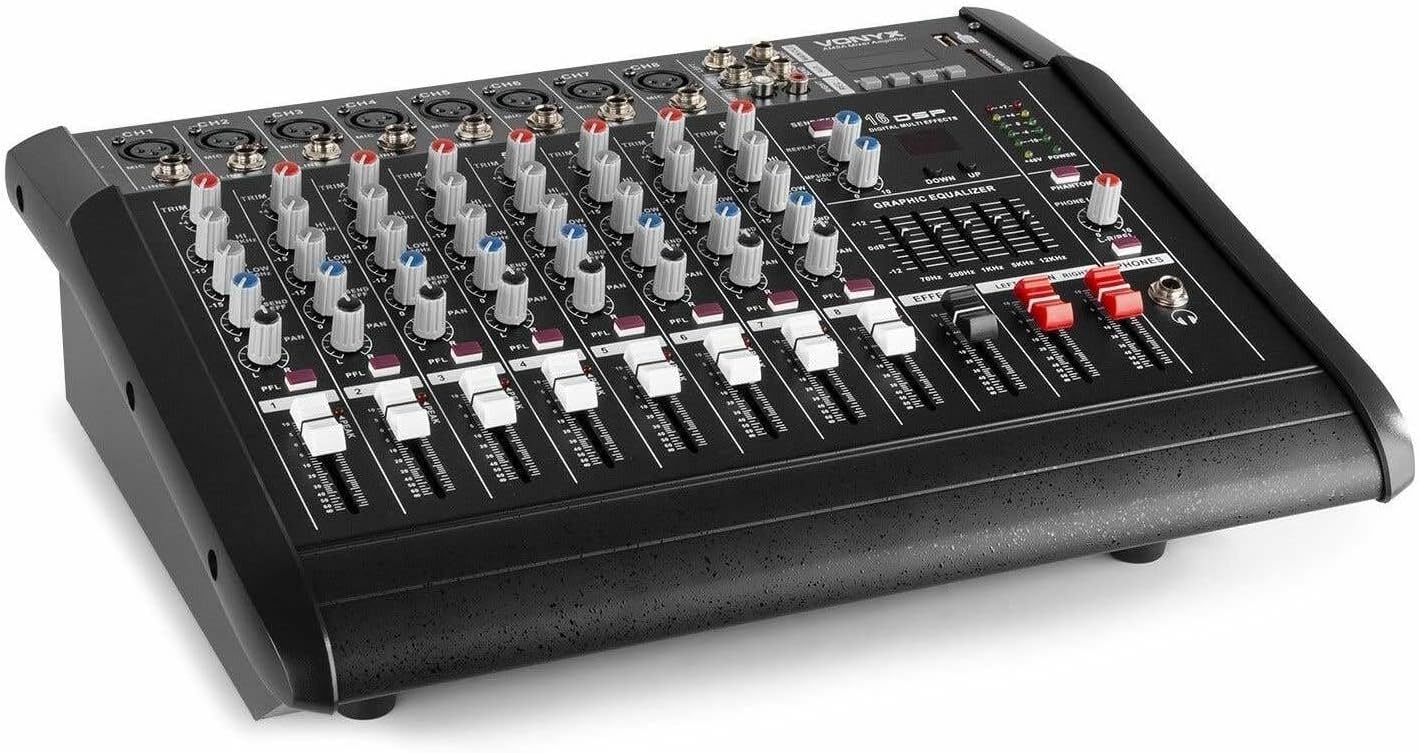VONYX AM8A Table de Mixage 8 Canaux avec Amplificateur 1000 Watts Intégré, Bluetooth, MP3/USB/SD, 16 Effets Digitaux, Entrée RCA, Sonorisation Professionnelle, DJ, Discothèque