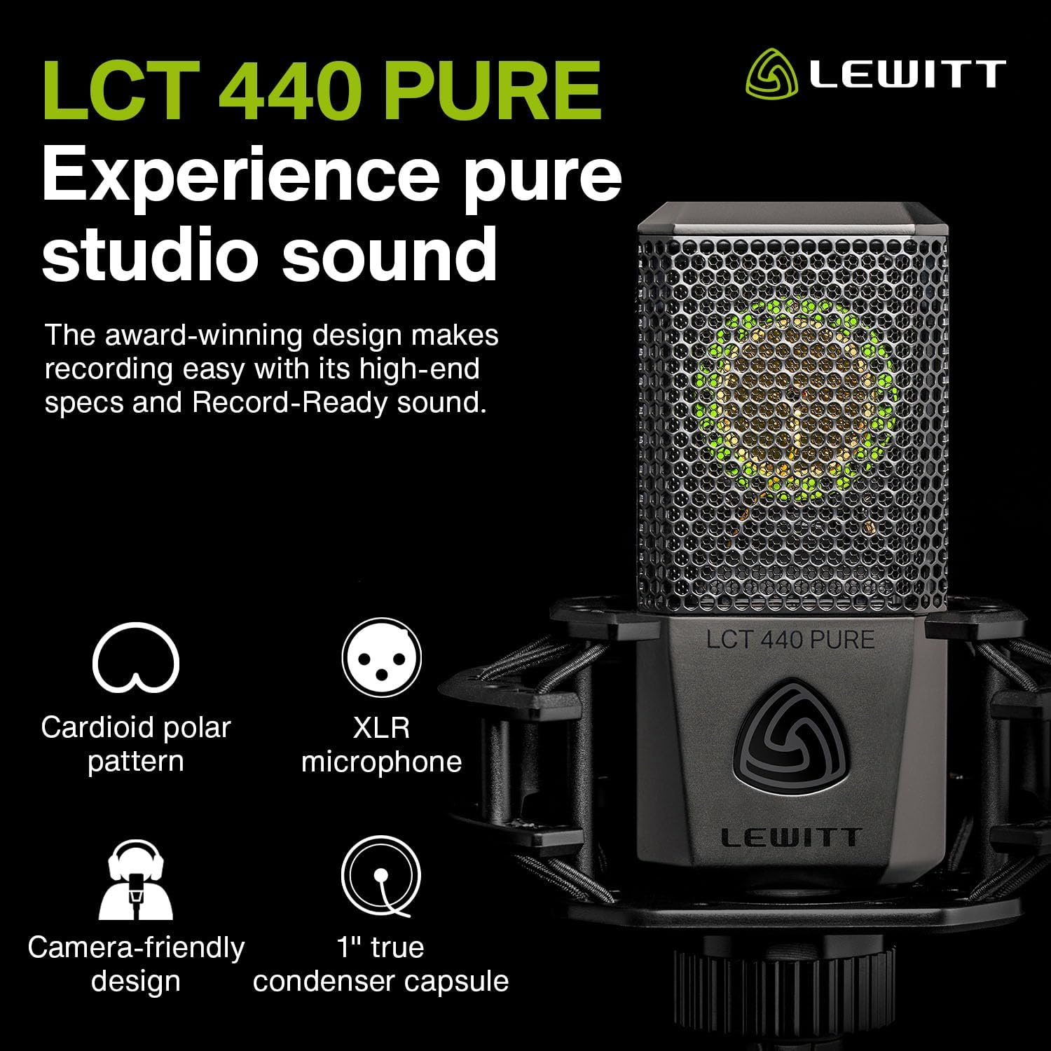 LCT 440 Pure Microphone à condensateur XLR pour Voix, Chant, Enregistrement d'instruments et Streaming - Capsule à condensateur véritable de 1" - avec araignée et Filtre Anti-Pop (Noir)