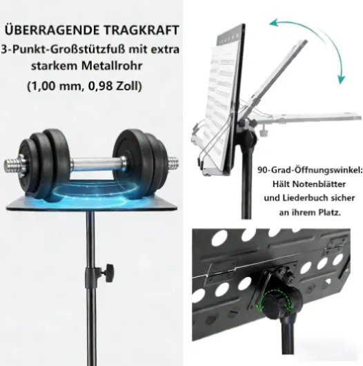 Pupitre de partition professionnel pliable robuste en métal avec plateau perforé, réglable en hauteur et pliable, avec sac de transport, idéal pour les spectacles de groupe et les répétitions