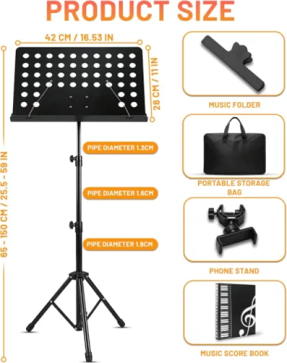 Pupitre Musique Pliable 2 en 1 Support de Partitions en Métallique et Stable Hauteur Réglable avec Porte-livre Sac de Transport pour Enfants Adultes Noir