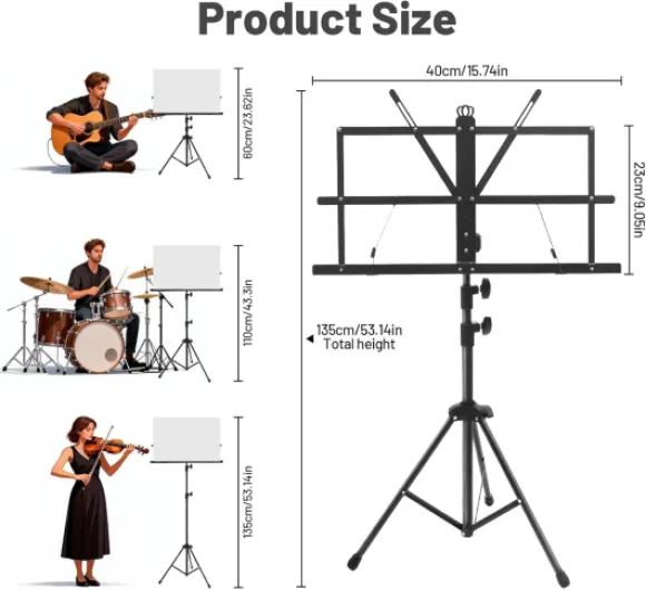Pupitre Musique Pliable 2 en 1 avec Sac de Transport, Hauteur Réglable, Support de Partitions Métal Stable, Léger et Portable, Compact pour Stockage ou Voyage